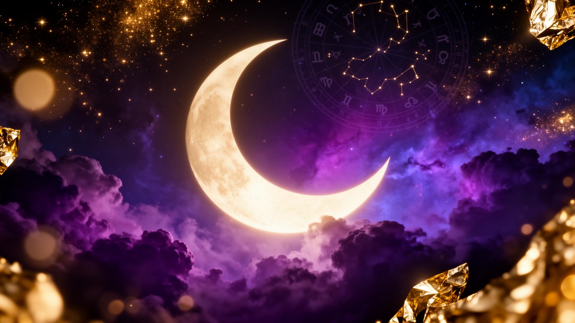 Crescent moon over a violet nebula with a faint zodiac wheel